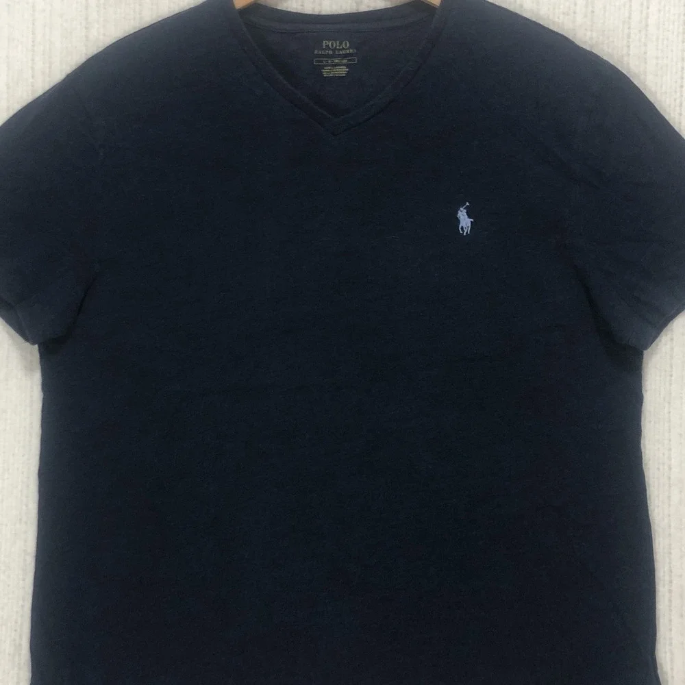 Polo Ralph Lauren Mens V-Neck T-Shirt Navy Blue Heathered Pony Logo Large L